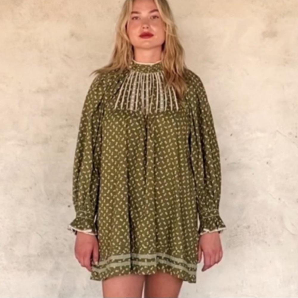 Doen Green and Gold Smocked Long Sleeve Dress